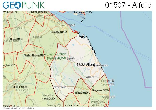 Map of the Alford (Lincs), Louth, Spilsby area code