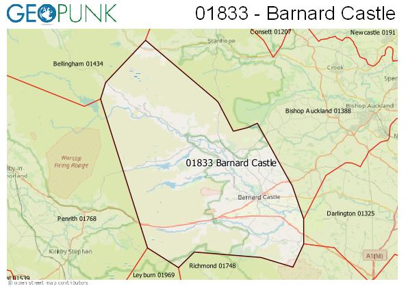 Map of the Barnard Castle area code