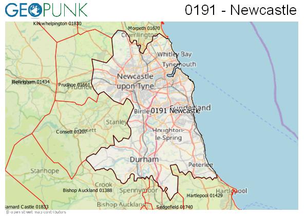 Map of the Newcastle upon Tyne, Durham, Sunderland area code